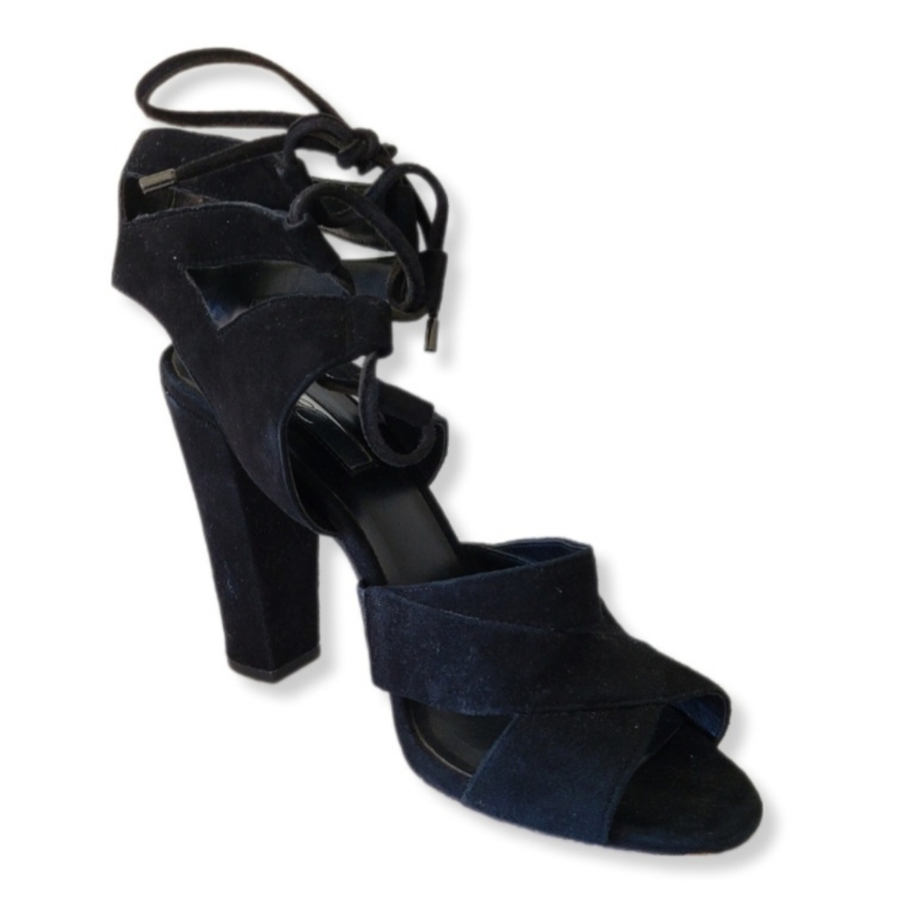 Halogen Shoes Women's Lani Black Suede Strappy Block High Heel Sandals S…